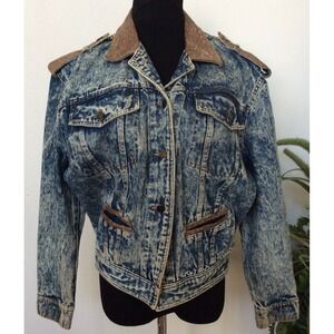 Vintage Prezzia Women's Acid  Washed Leather Trim Denim Jean Jacket Size L EUC!